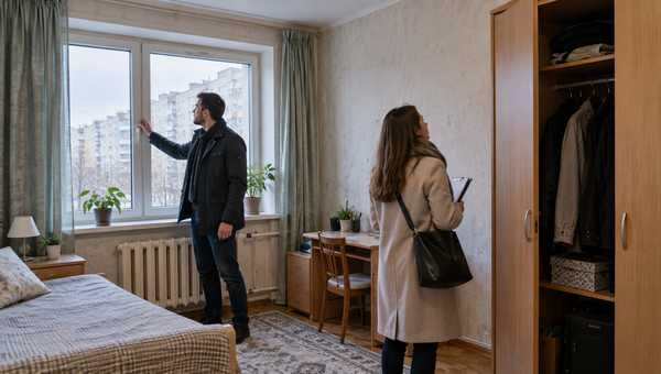 Покупатель осматривает состояние комнаты перед сделкой.